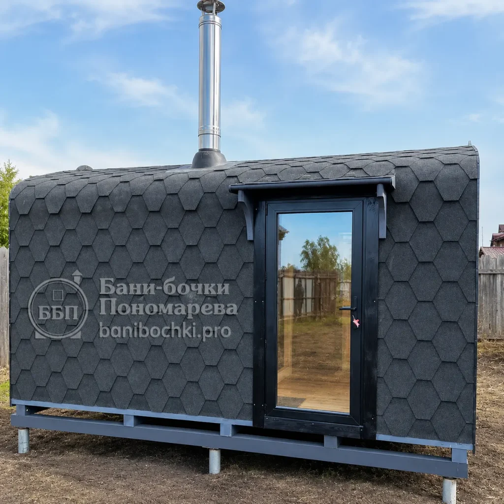 Баня-квадро 4 м, установленная на сваях, с панорамной ПВХ дверью, Красноярск